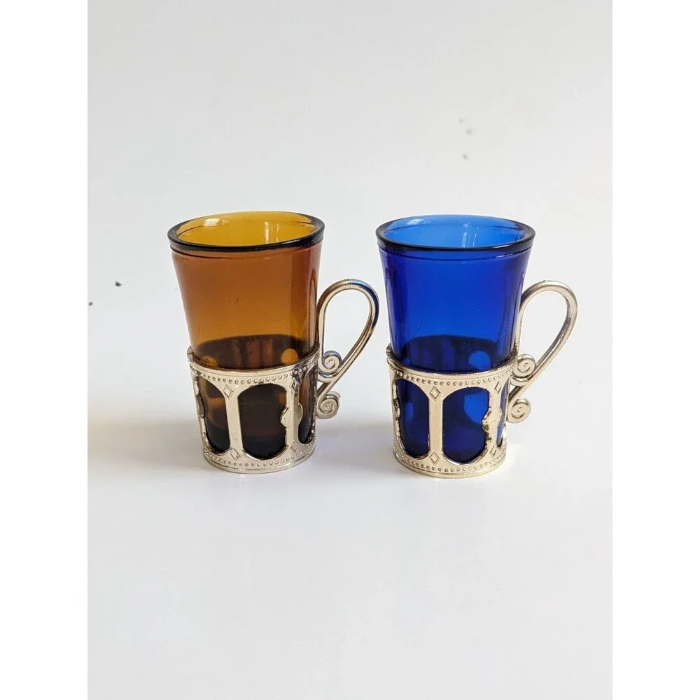 San Jose CA Vintage Souvenir Mini Mugs‎ Shot Glasses Cobalt Amber Mid-Century